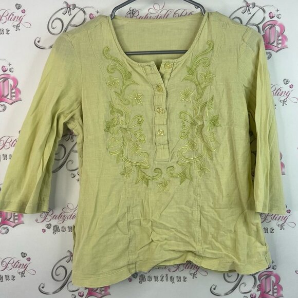 Long sleeve shirt Embroidered Green Top floral flowers paisley button down - Picture 1 of 11